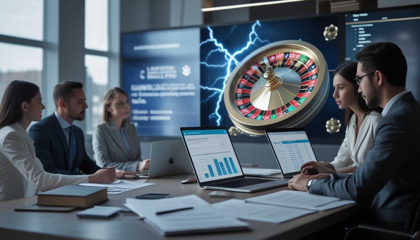 Sekelompok profesional sedang berdiskusi dan meninjau dokumen di kantor modern dengan layar menampilkan roda roulette digital.