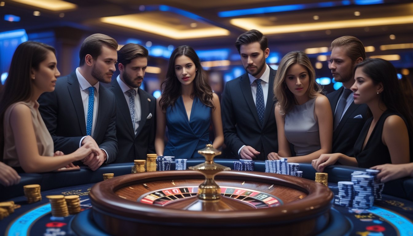 Beberapa orang bermain roulette di kasino dengan suasana yang serius dan penuh perhatian, roda roulette menyala dengan efek petir di latar depan.