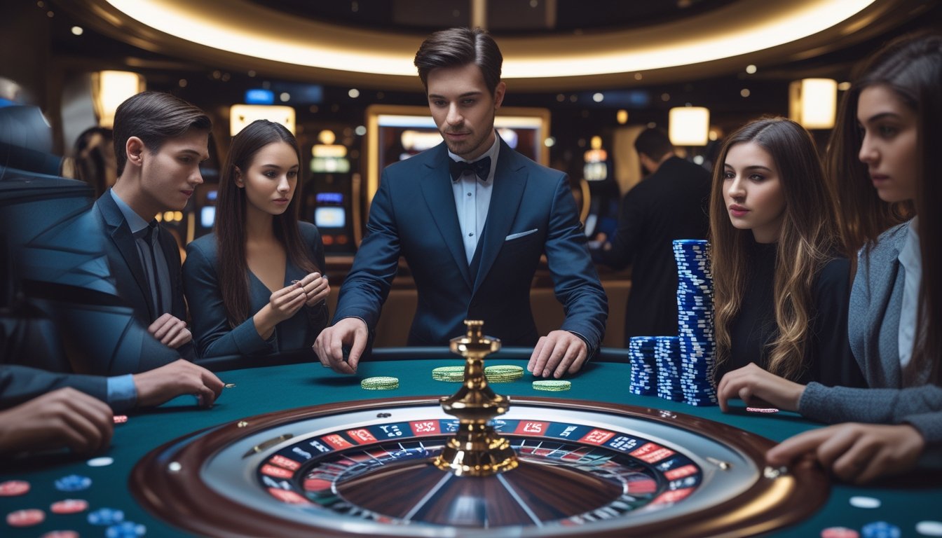 Meja roulette di kasino dengan dealer dan pemain yang sedang memasang taruhan, suasana penuh perhatian dan antisipasi.