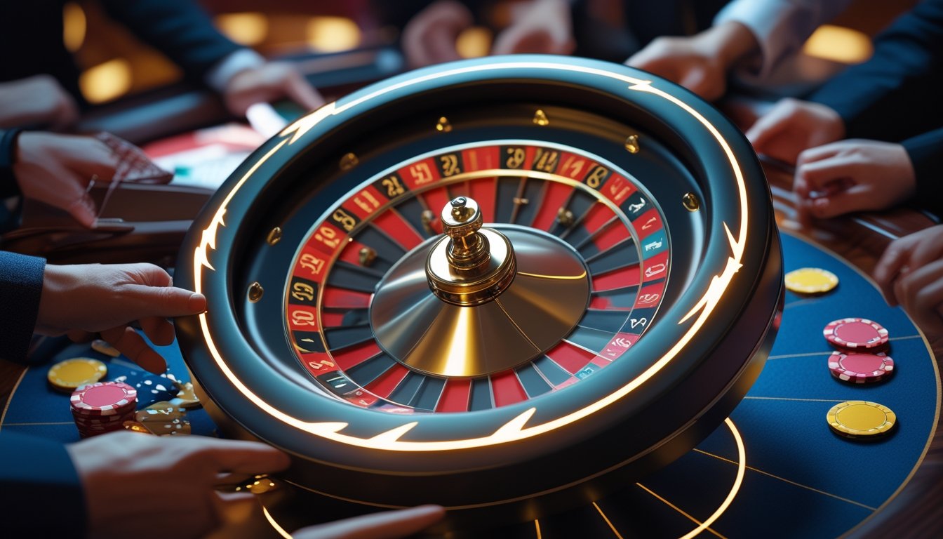 Meja roulette dengan roda yang berputar dan efek petir di kasino, dikelilingi oleh tangan pemain yang memasang taruhan dengan chip warna-warni.