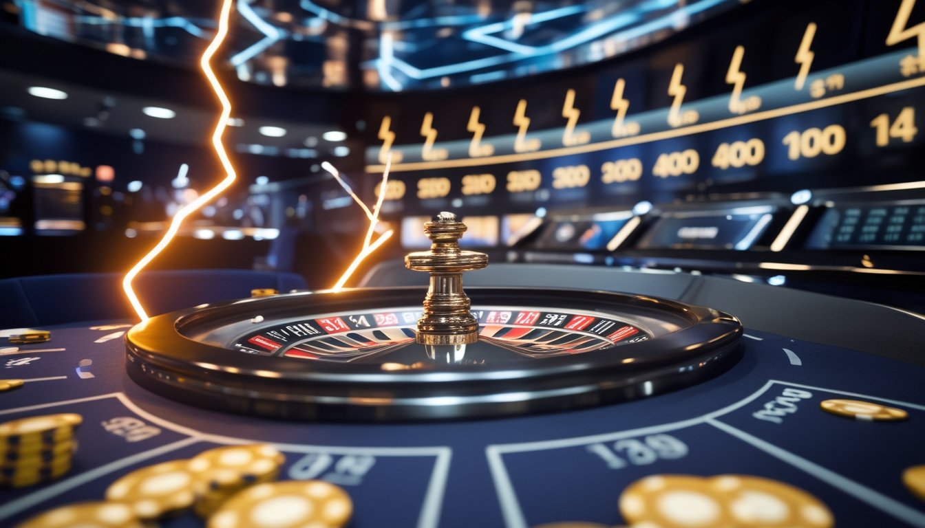 Meja roulette dengan roda berputar dan kilatan petir emas yang menggambarkan fitur multiplier dalam permainan Lightning Roulette.