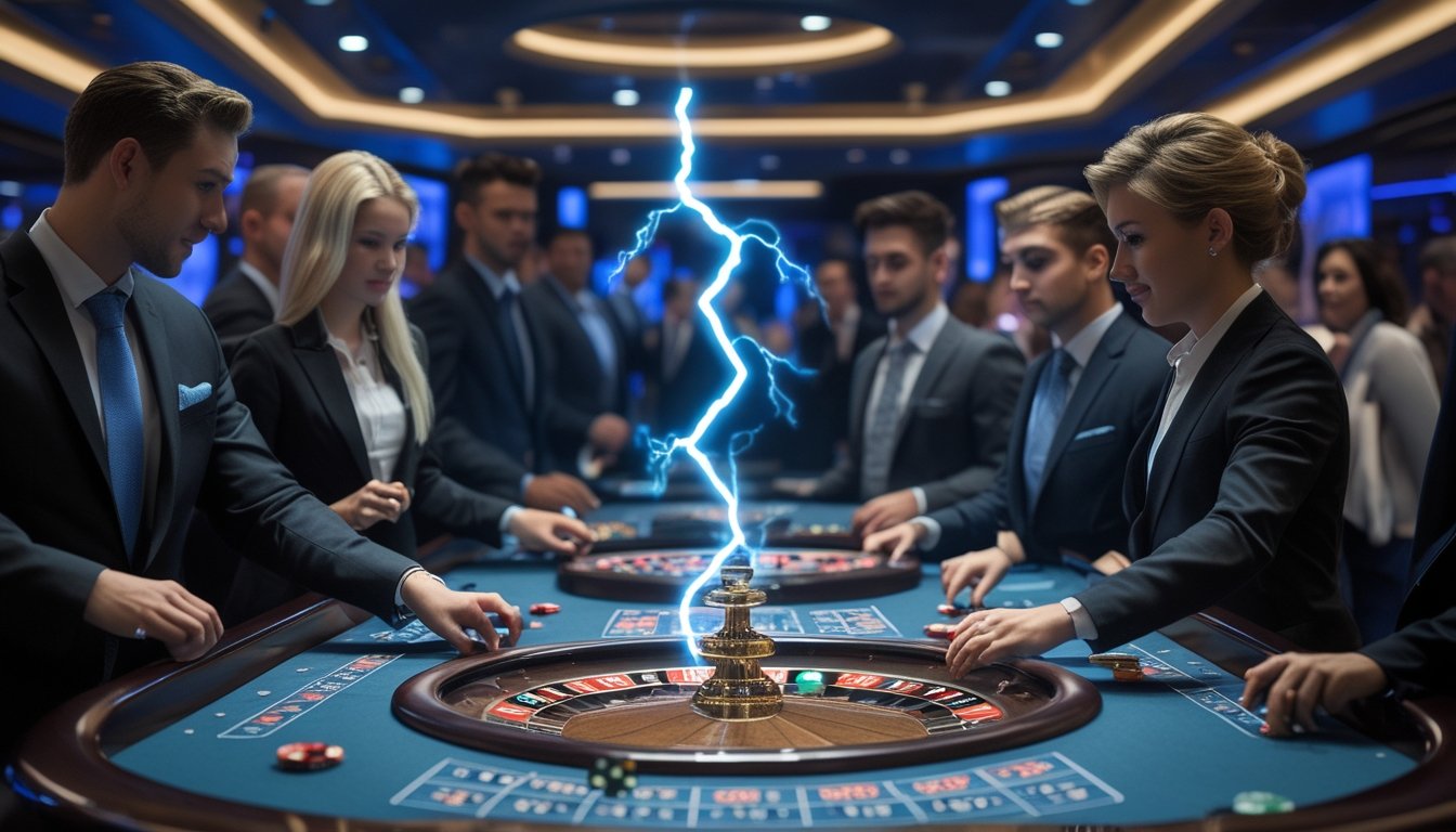 Seorang kelompok pemain di meja roulette sedang bermain permainan Lightning Roulette di kasino dengan suasana yang mewah dan pencahayaan terang.