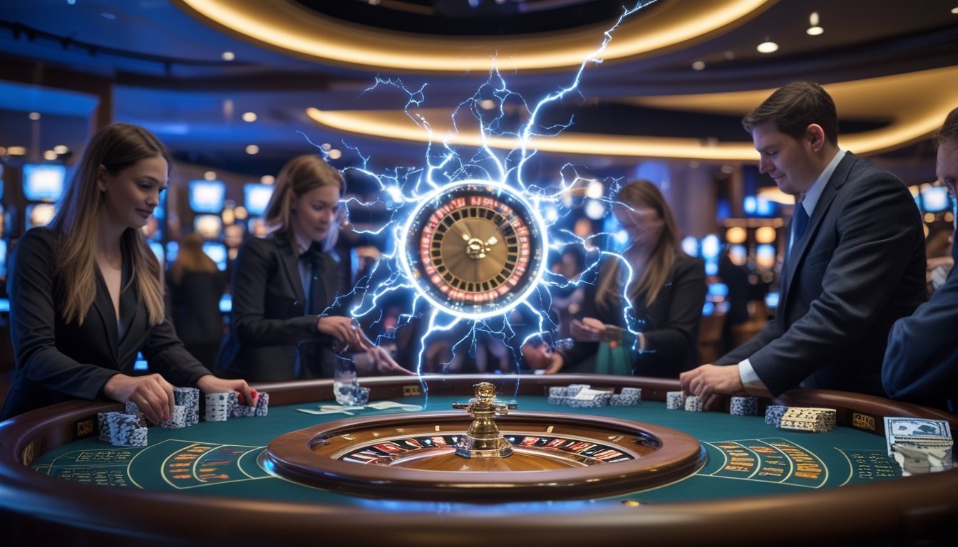 Suasana permainan Lightning Roulette langsung di kasino dengan pemain yang sedang memasang taruhan dan dealer profesional di meja roulette.