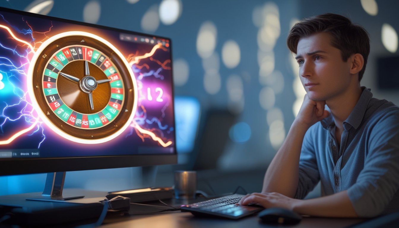 Seorang pemain muda duduk di depan komputer yang menampilkan permainan lightning roulette online dengan tampilan roda roulette yang berkilau dan efek listrik.