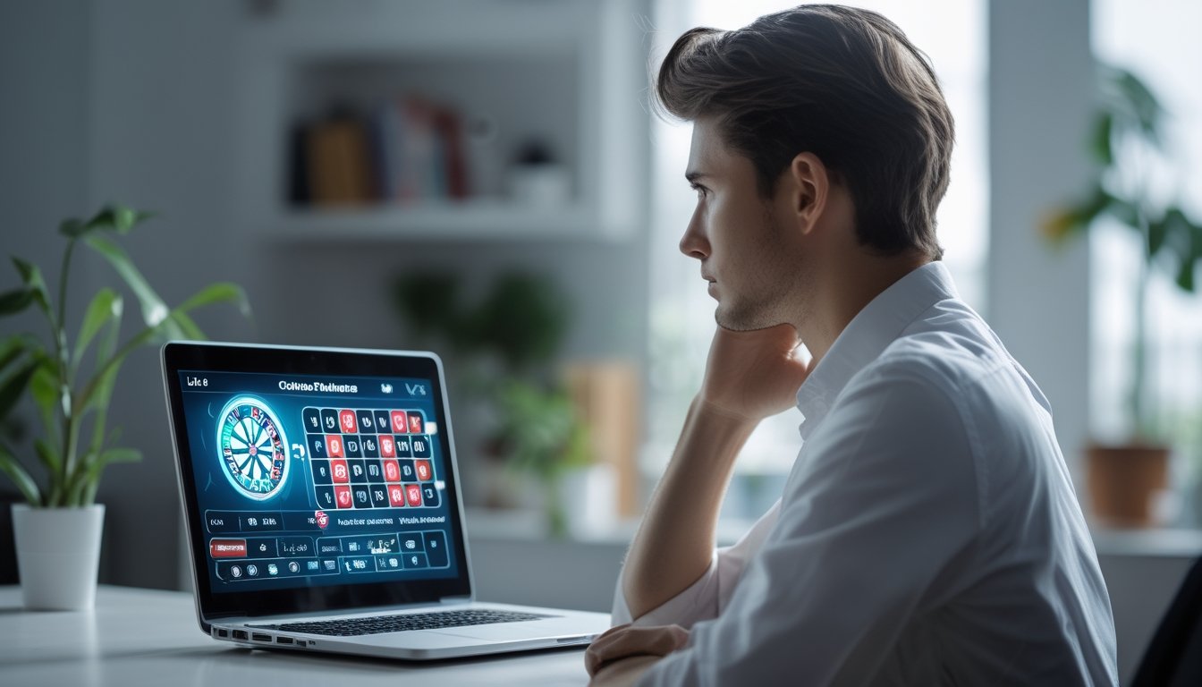Seseorang sedang bermain Lightning Roulette online di laptop dengan ekspresi fokus di sebuah ruangan modern.