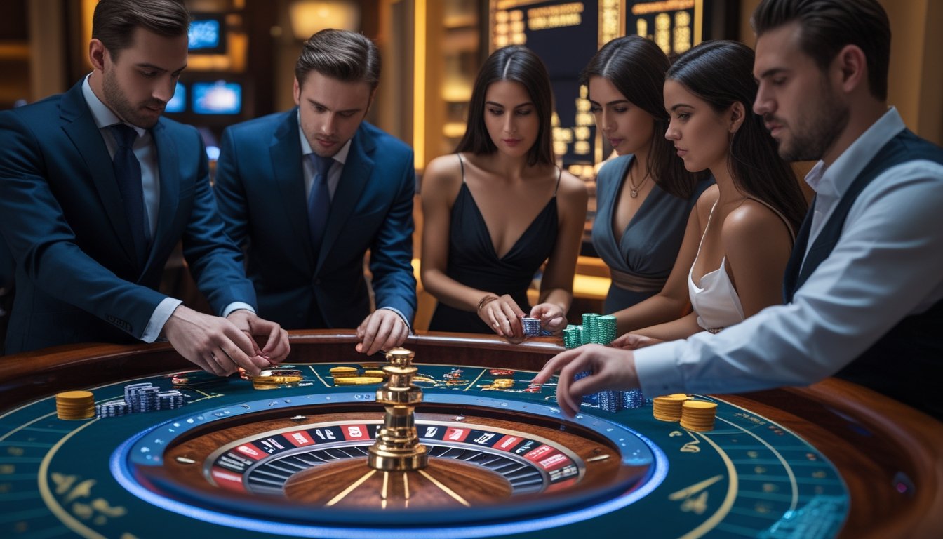 Beberapa orang bermain Lightning Roulette di meja kasino dengan suasana mewah dan fokus pada permainan.