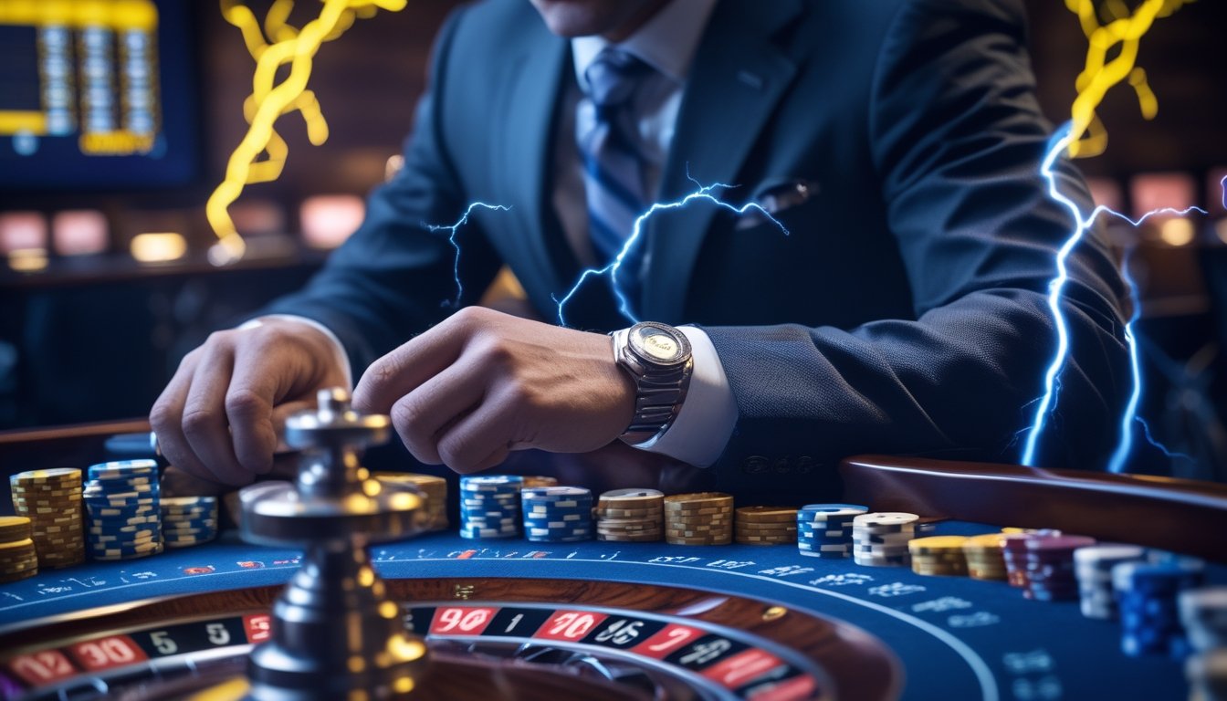 Seorang pemain di meja roulette sedang mengatur chip dengan latar belakang efek petir biru dan kuning yang dramatis.