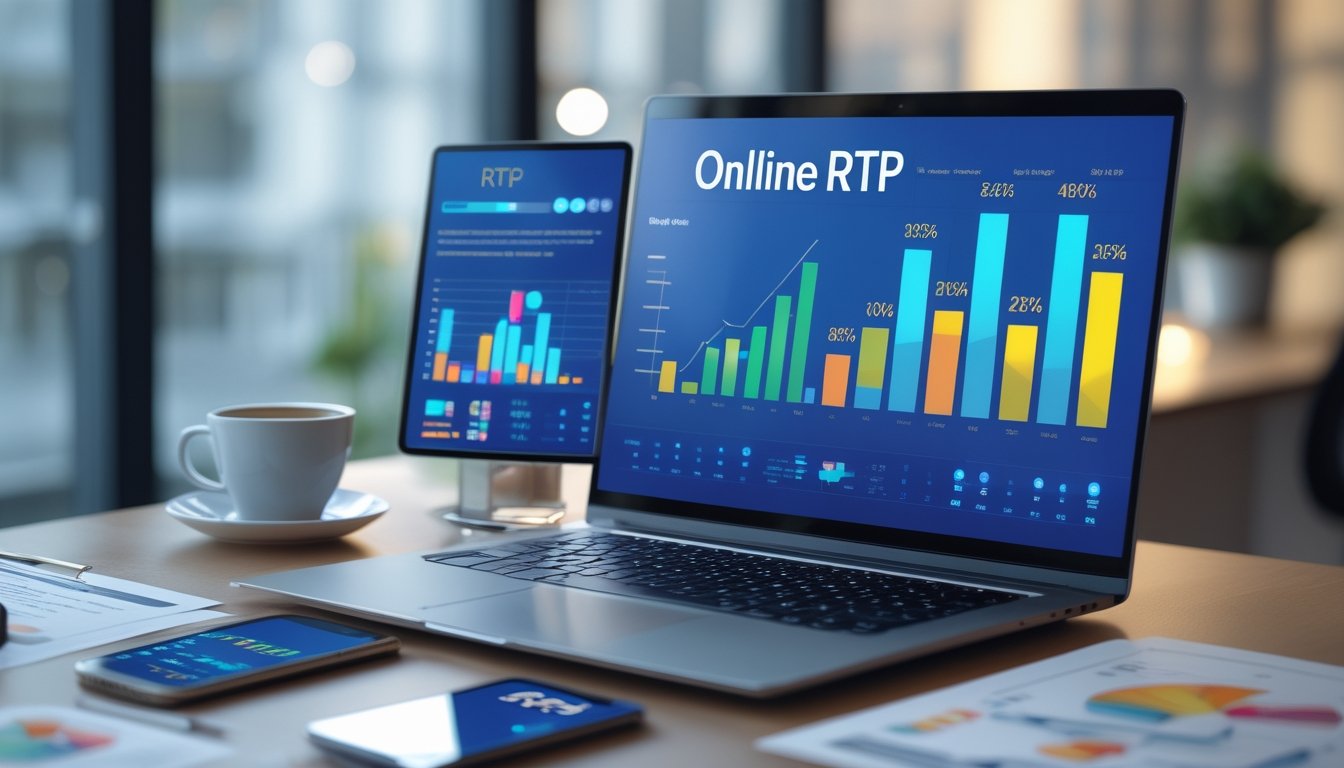 Seorang profesional sedang menganalisis data RTP online di laptop dengan grafik dan persentase di meja kerja yang rapi.