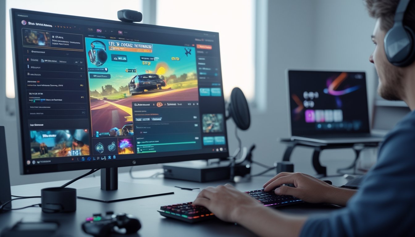 Seseorang sedang bermain game online di depan komputer dengan aksesori gaming di meja kerja.