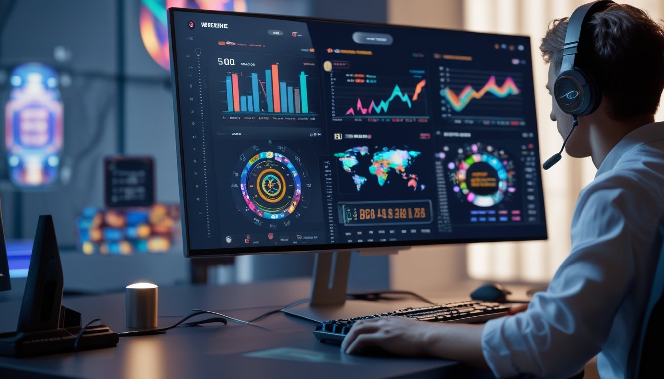 Seorang pria duduk di depan komputer dengan grafik dan statistik permainan online yang ditampilkan di layar, di ruang kerja modern dengan perlengkapan gaming.