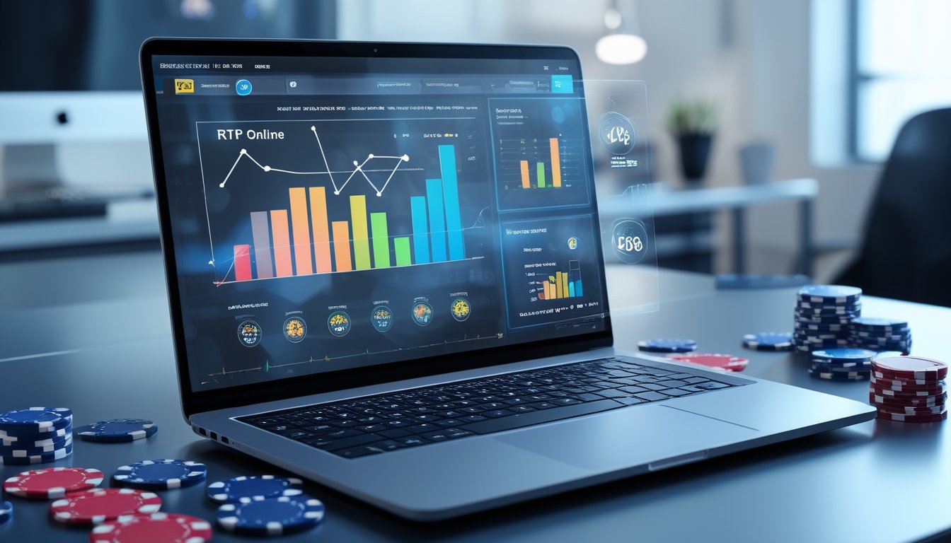Seorang profesional bekerja di depan laptop dengan tampilan grafik dan statistik yang berkaitan dengan permainan online, dikelilingi oleh chip poker dan kartu remi di meja kerja.