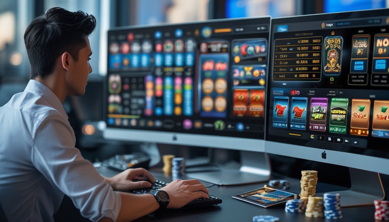 Seseorang sedang duduk di depan komputer dengan beberapa layar menampilkan grafik dan permainan kasino online di sebuah kantor modern.