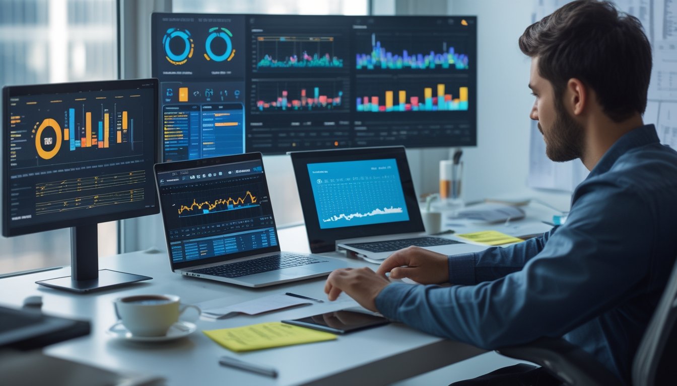 Seseorang sedang menganalisis data pada beberapa layar komputer di meja kerja yang rapi dan terang.