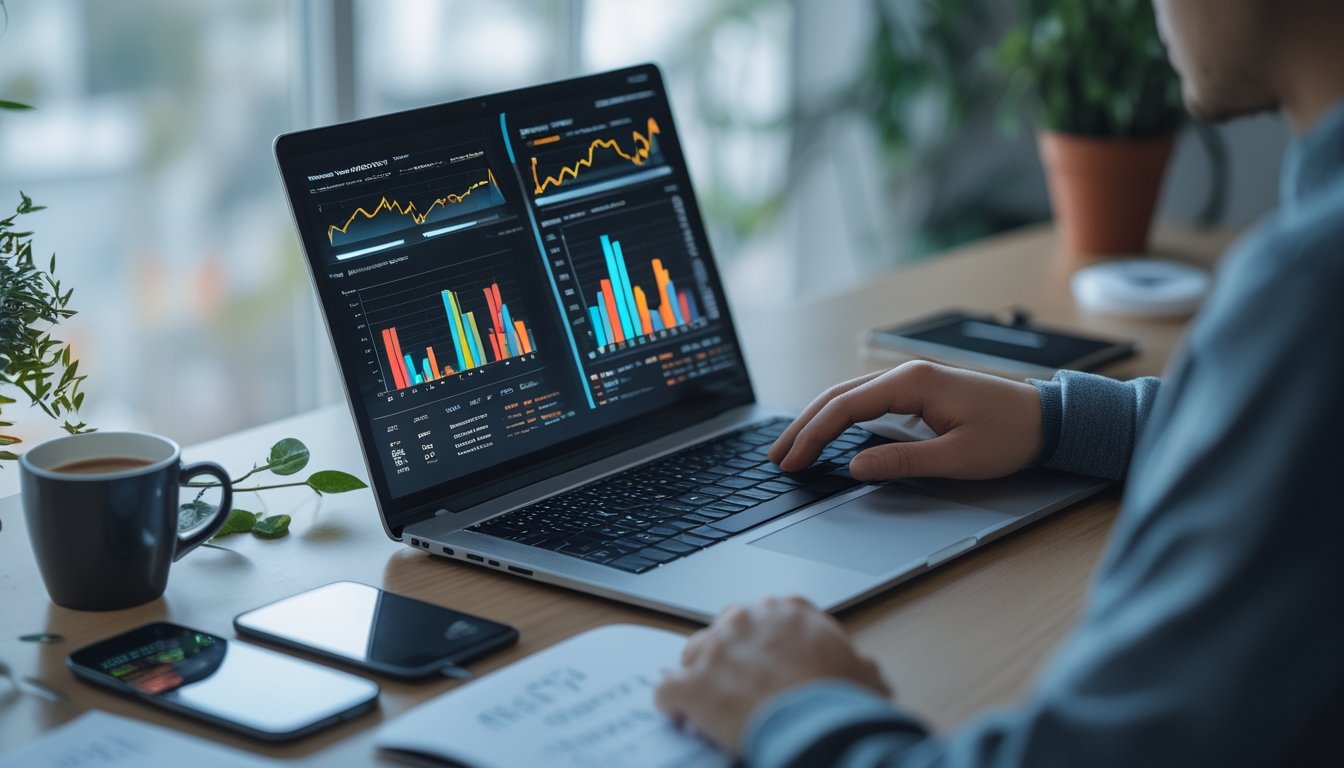 Seseorang menggunakan laptop dengan grafik data RTP online di meja kerja yang rapi.