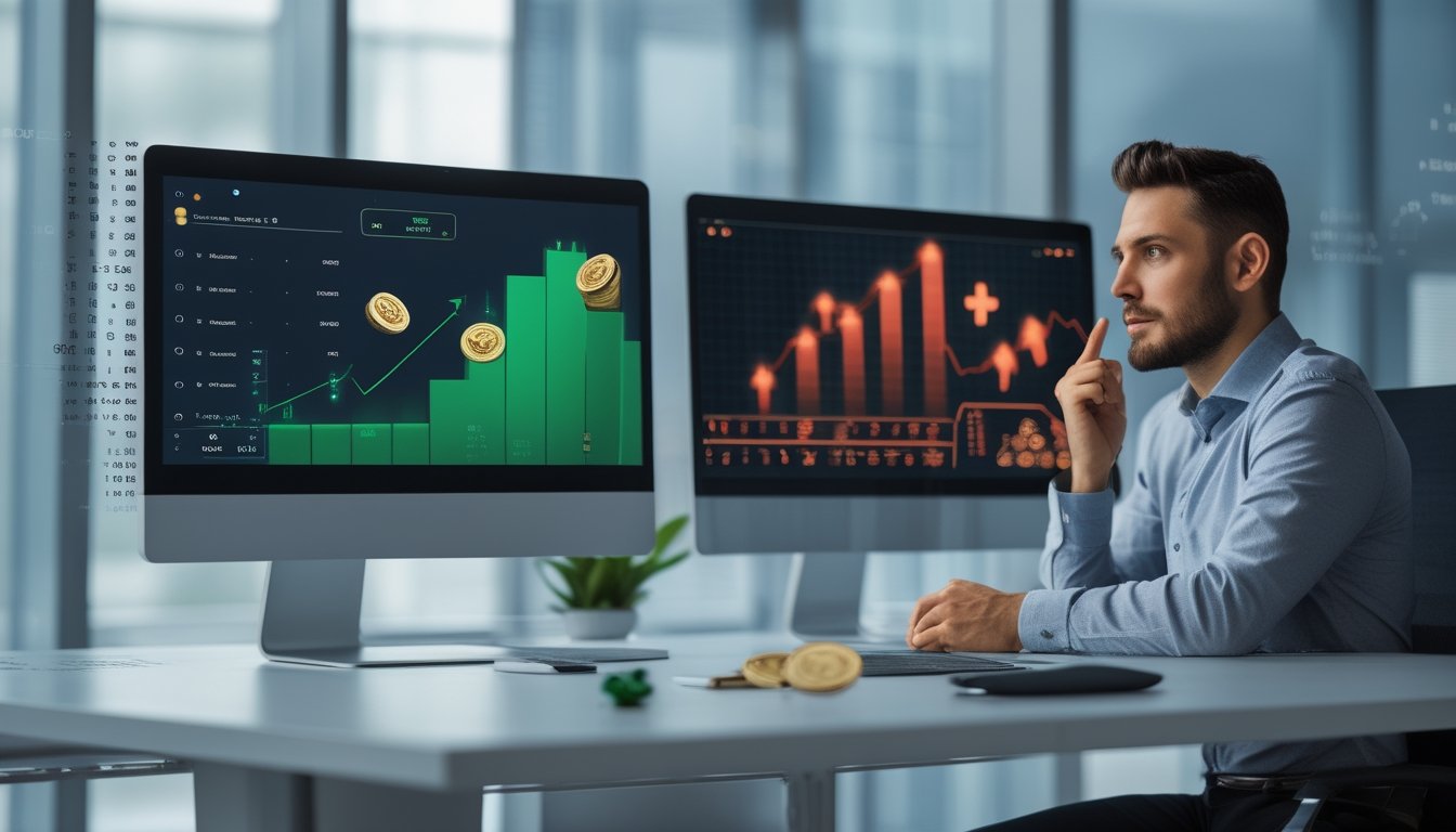 Seorang profesional sedang membandingkan dua layar komputer yang menunjukkan grafik naik dan turun untuk RTP online tinggi dan rendah di sebuah kantor modern.
