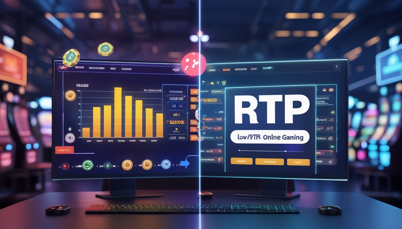 Tampilan layar terbagi yang menunjukkan perbandingan antara permainan online dengan RTP tinggi dan RTP rendah, dengan elemen permainan digital seperti mesin slot dan kartu kasino.