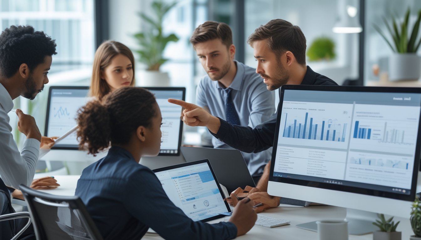 Sekelompok orang sedang menganalisis data di depan beberapa layar komputer di kantor modern.