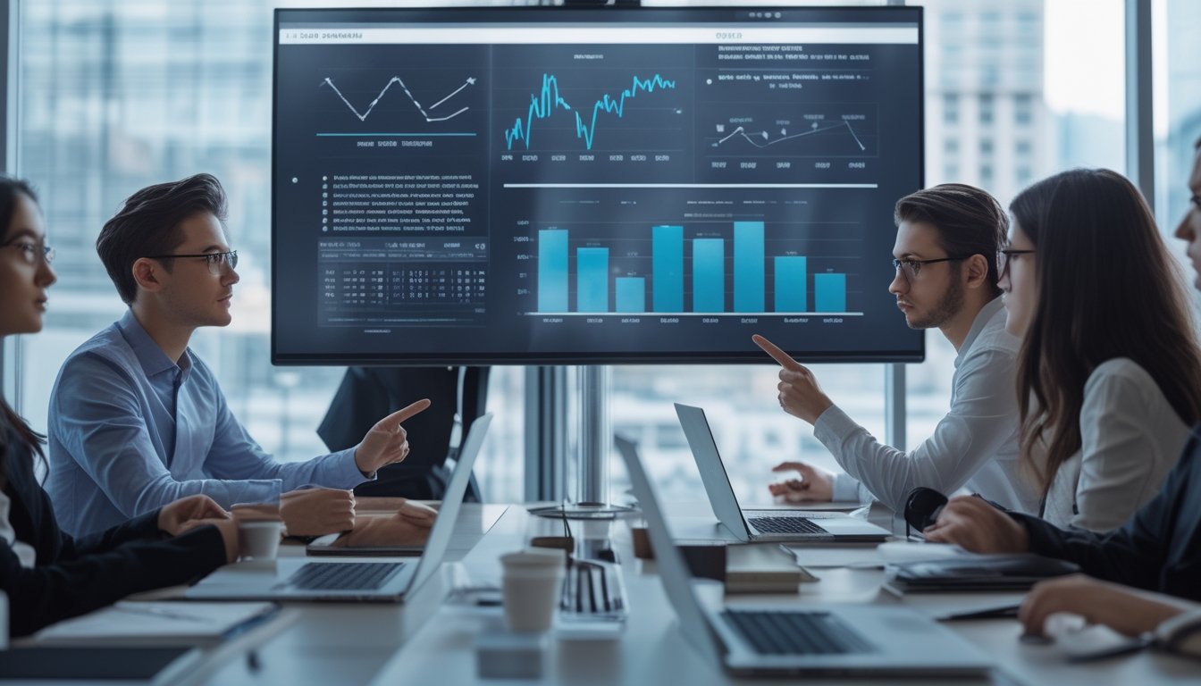 Sekelompok profesional muda sedang berdiskusi serius di ruang konferensi modern dengan layar digital menampilkan grafik data di latar belakang.