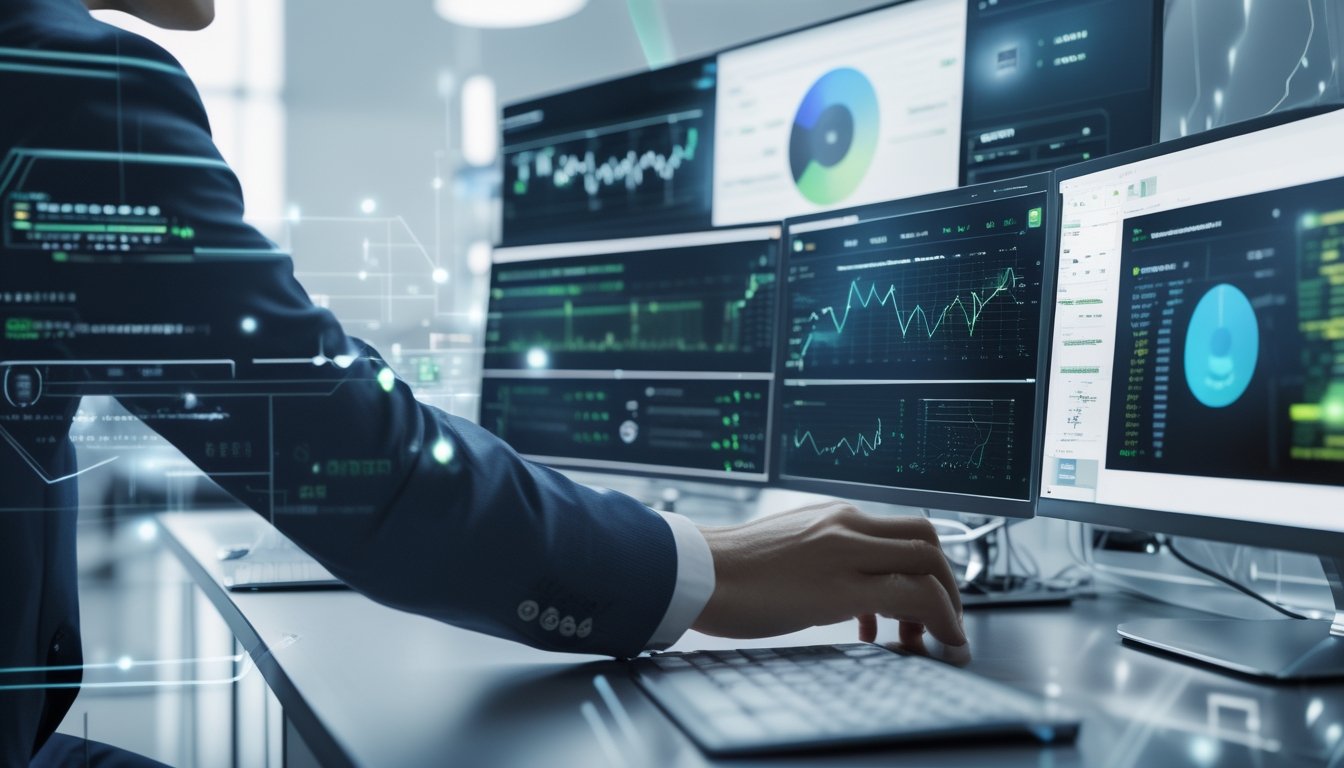 Seorang pria sedang menganalisis data statistik permainan di depan layar komputer dengan grafik dan angka terkait peluang permainan.