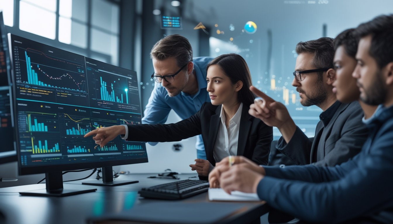 Sejumlah orang sedang menganalisis data dan grafik di depan beberapa layar komputer dalam ruangan modern yang berhubungan dengan permainan online langsung.