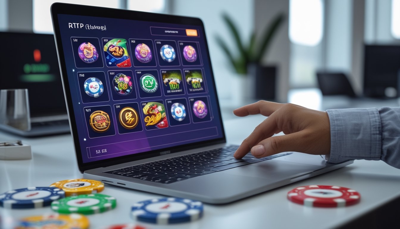 Seseorang menggunakan komputer dengan layar menampilkan berbagai permainan kasino online dan persentase RTP di lingkungan kerja yang rapi dan terang.