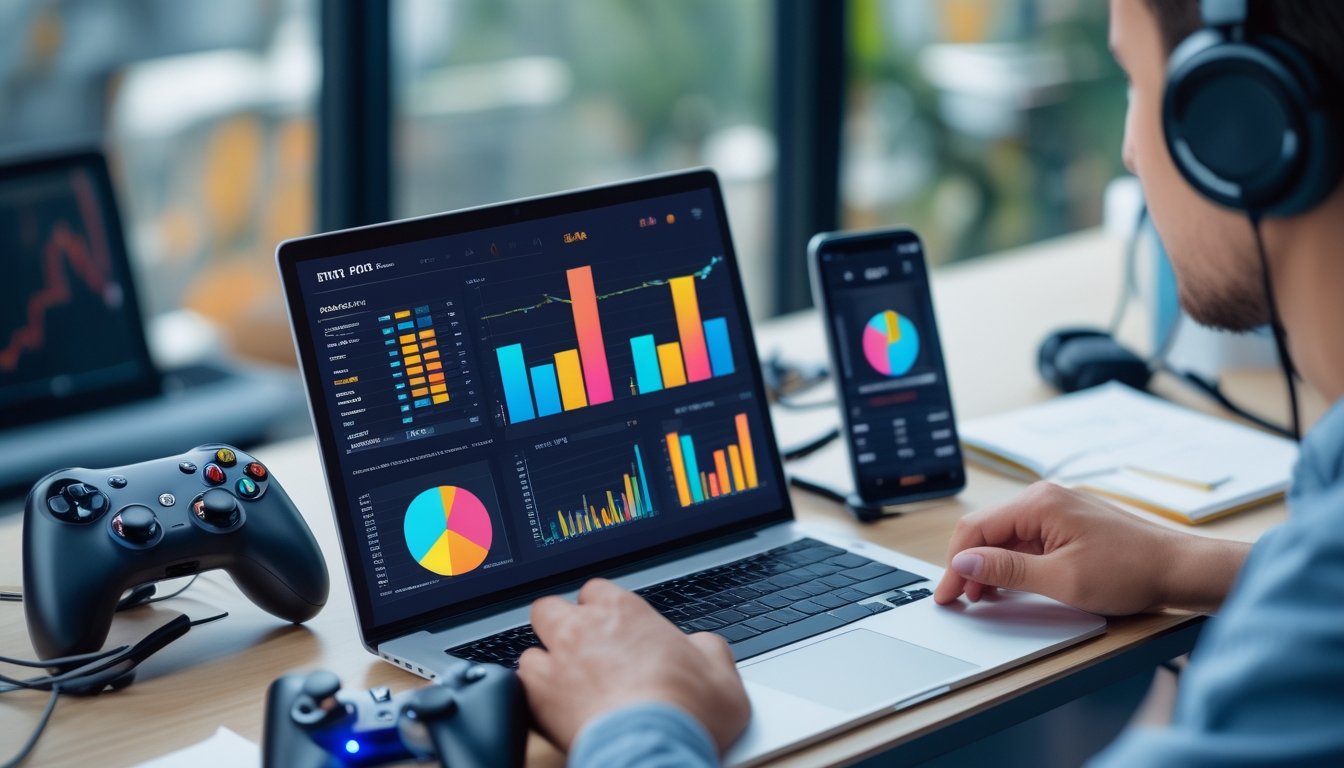 Seorang pria duduk di meja dengan laptop yang menampilkan grafik dan data terkait game online, dikelilingi oleh aksesori game seperti kontroler dan headphone.
