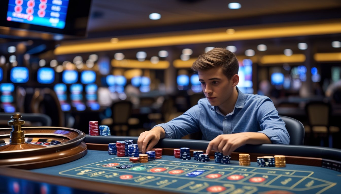 Seorang pemula fokus bermain roulette cepat dengan strategi taruhan bertahap di meja kasino modern.