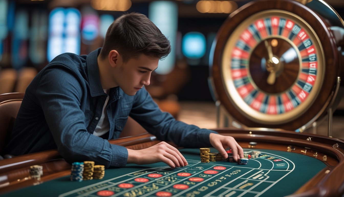 Seorang pemula sedang bermain roulette cepat di meja kasino sambil memasang taruhan dengan fokus.