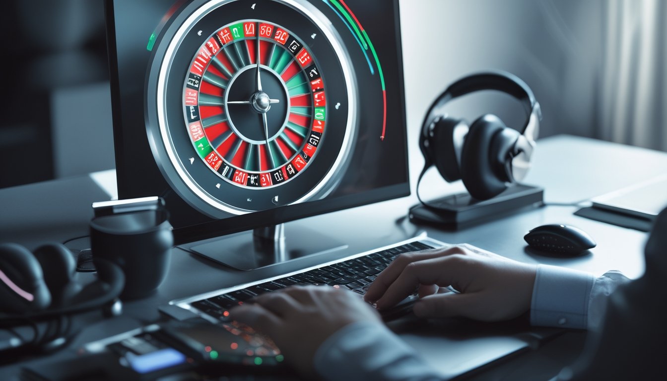 Seorang pemain fokus menggunakan komputer dengan tampilan roda roulette digital yang berputar, di meja terdapat mouse, headphone, dan secangkir kopi.