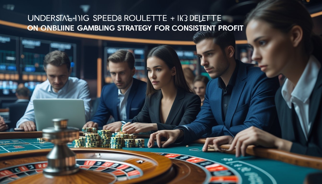 Beberapa orang sedang duduk di sekitar meja roulette dengan roda roulette yang berputar cepat, satu orang menggunakan laptop di sampingnya, menunjukkan suasana bermain Speed Roulette secara online.