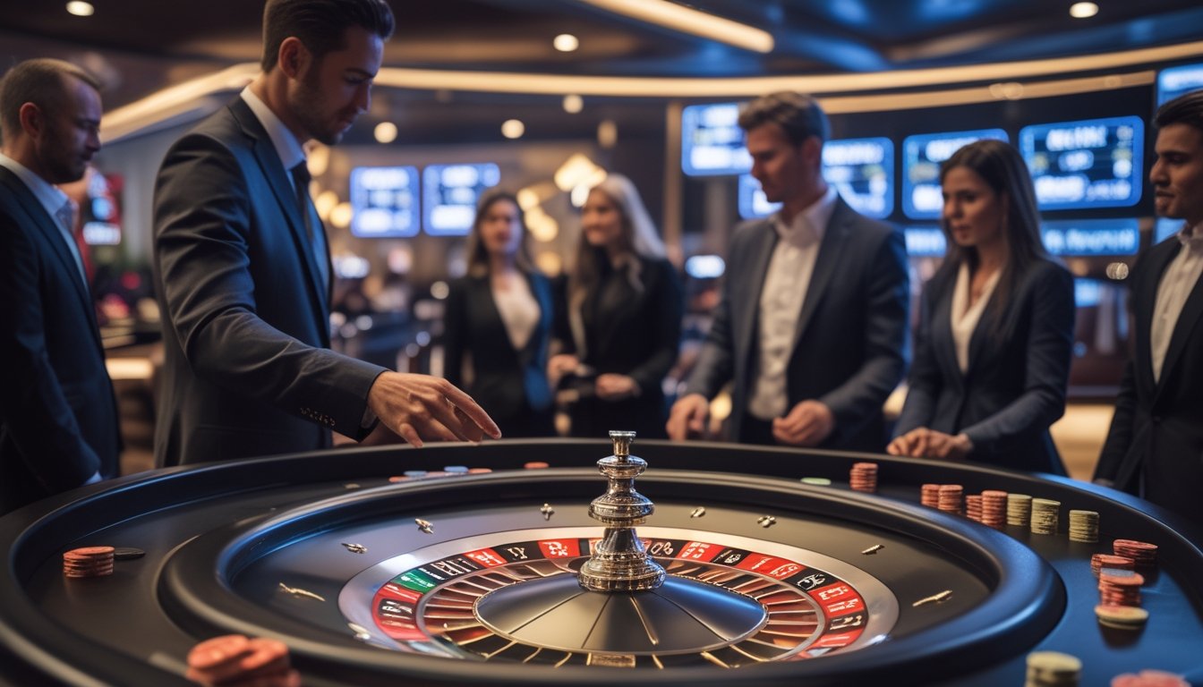 Meja roulette cepat dengan roda berputar dan pemain yang memperhatikan permainan di kasino modern.