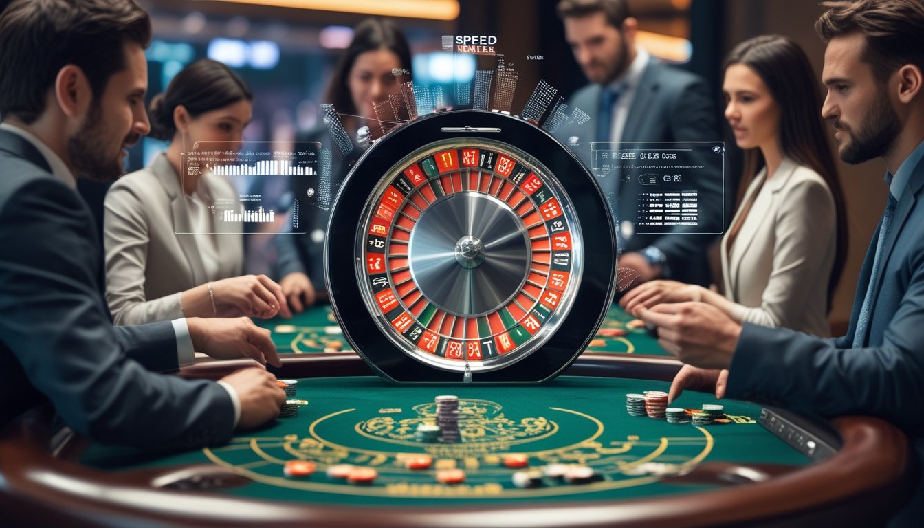 Meja roulette dengan roda berputar cepat dan beberapa pemain yang fokus memasang taruhan di kasino.