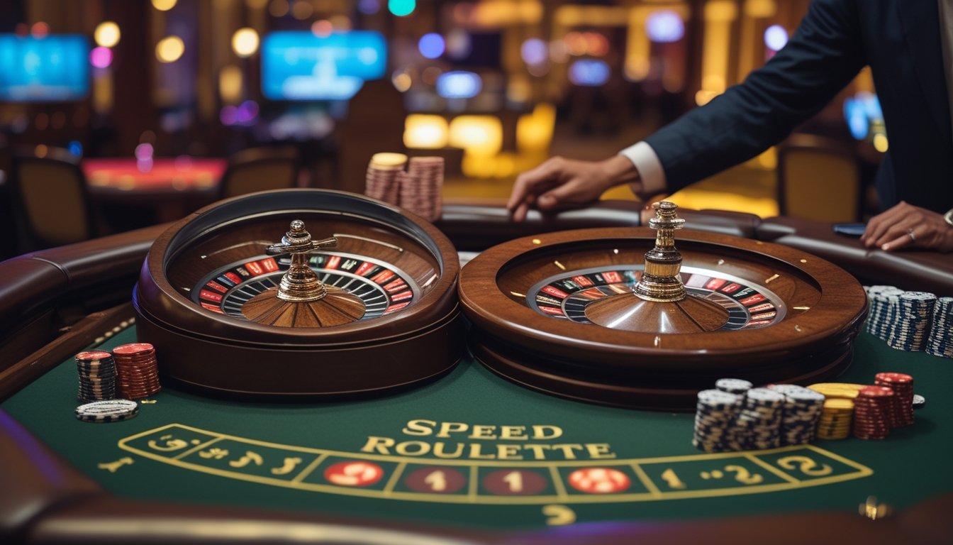 Dua roda roulette berdampingan di meja kasino dengan tumpukan chip dan tangan dealer di atas meja.