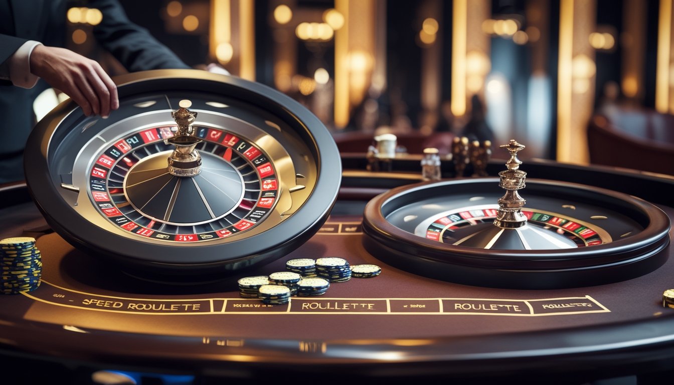 Dua roda roulette berdampingan di meja kasino dengan chip dan tangan dealer siap memutar, memperlihatkan perbedaan antara Speed Roulette dan European Roulette.