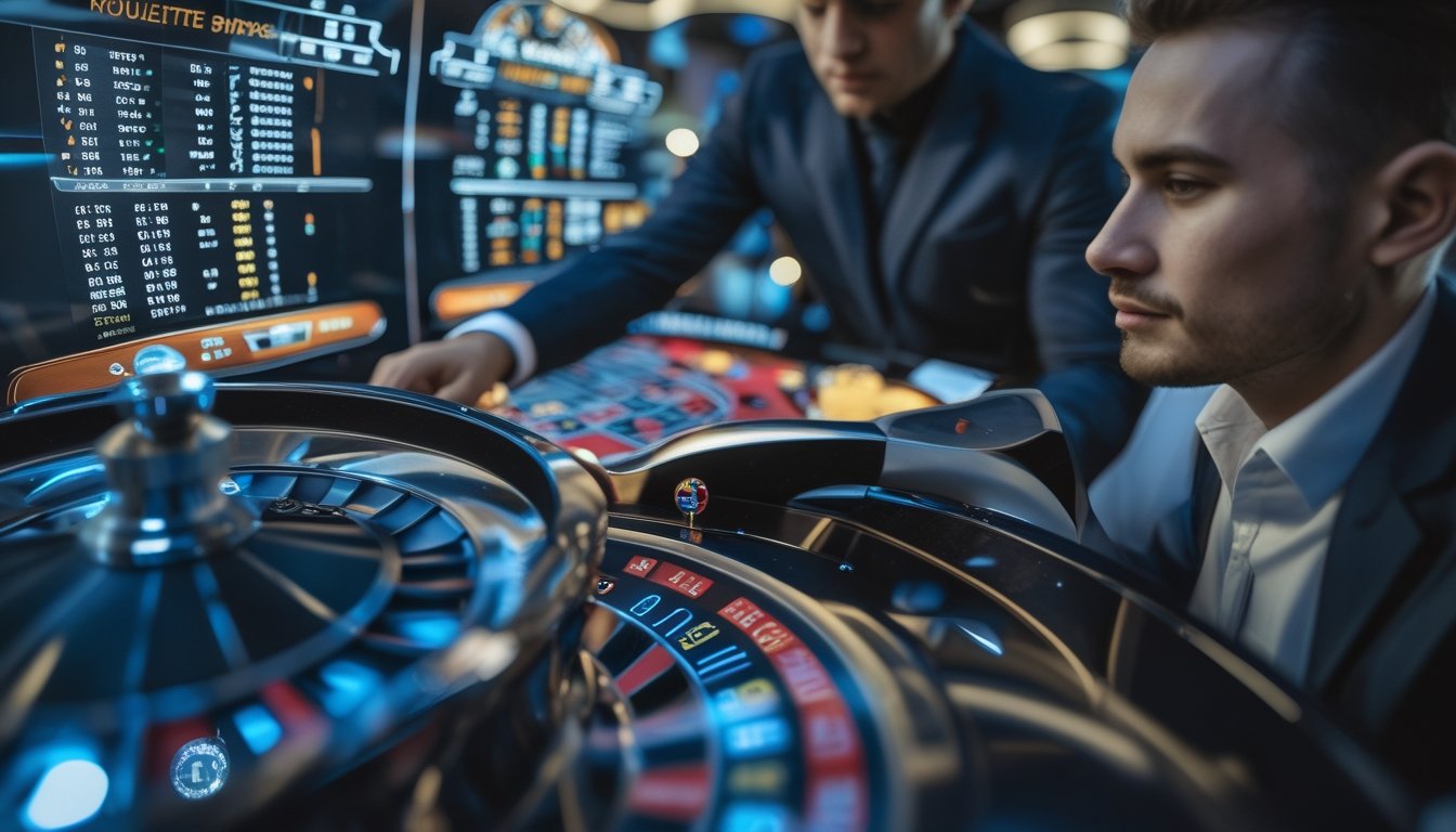 Seorang pemain di meja roulette cepat sedang memilih nomor dengan latar belakang roda roulette yang berputar dan tampilan statistik digital.
