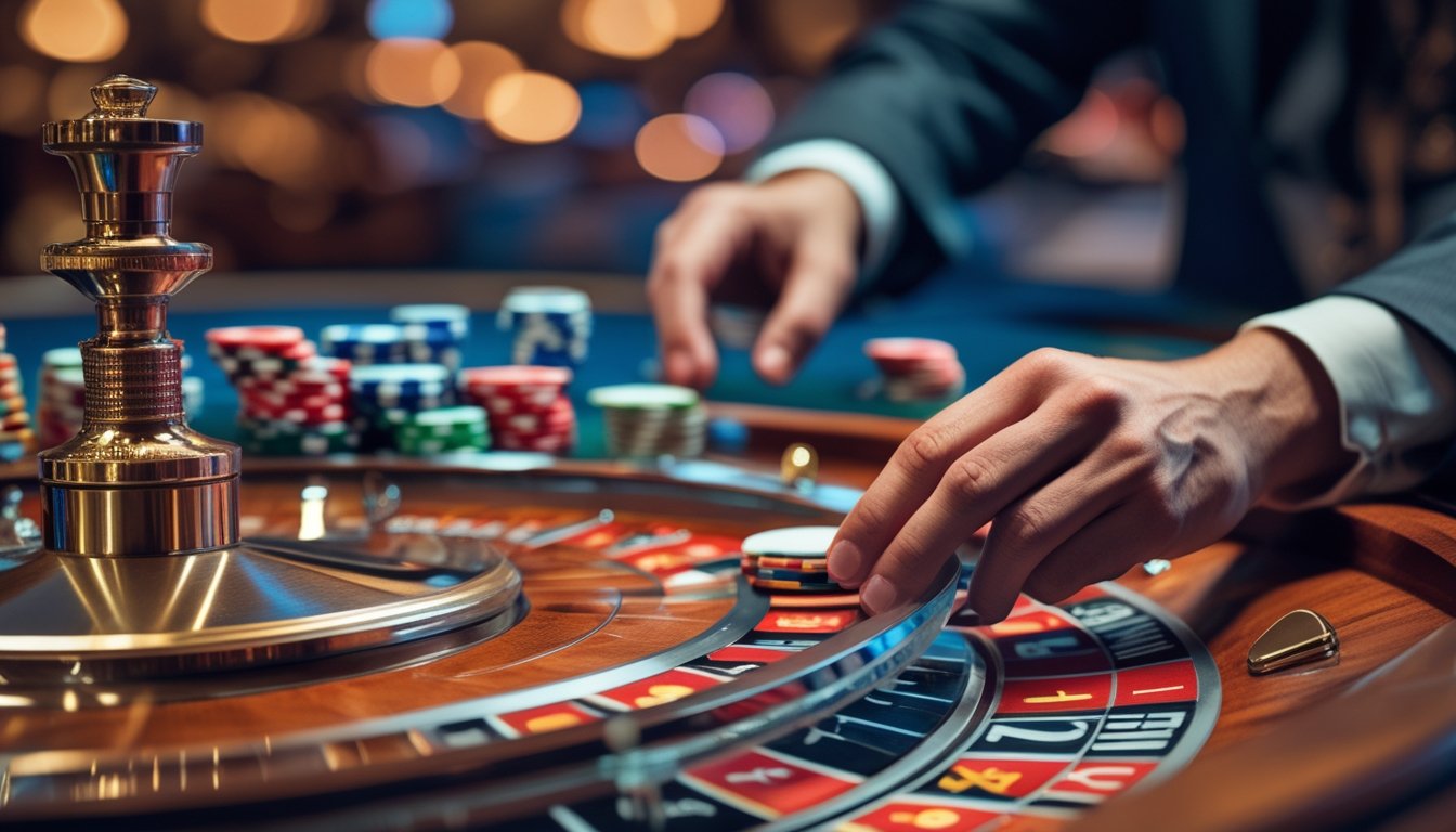 Tangan pemain sedang meletakkan chip di meja roulette dengan roda roulette yang berputar cepat dan tumpukan chip di sekitarnya.