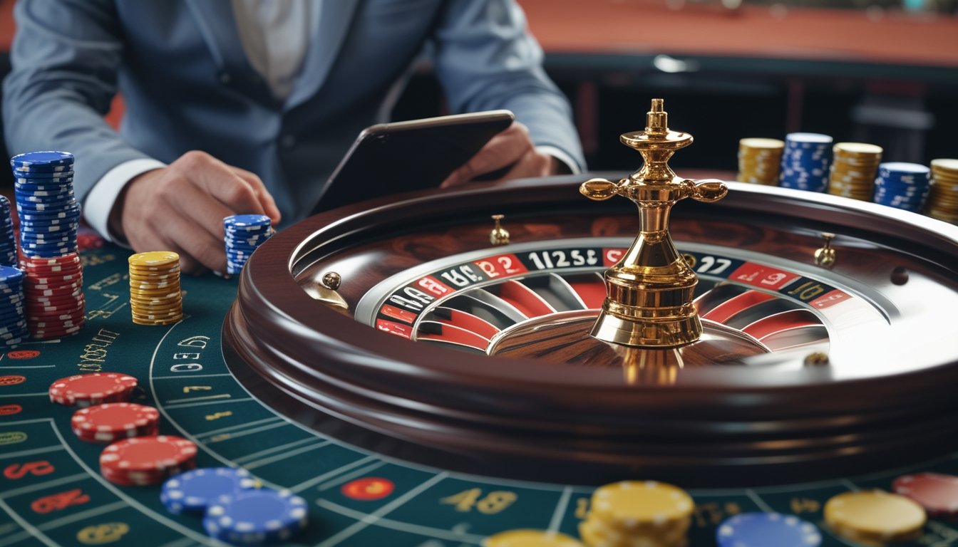 Seorang pemain sedang mengamati roda roulette yang berputar cepat dengan tumpukan chip kasino di meja.