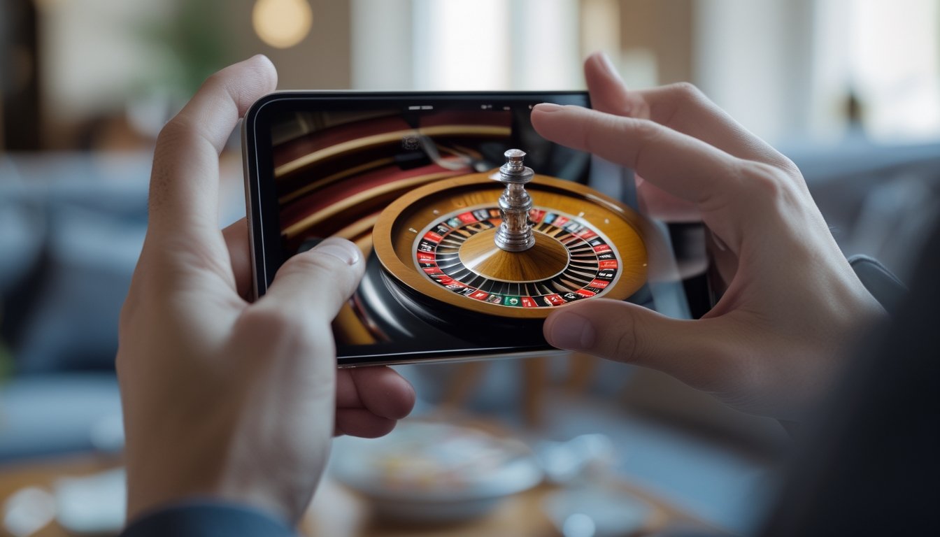 Seseorang memegang ponsel dengan tampilan roda roulette yang berputar cepat di layar dalam ruangan yang nyaman.