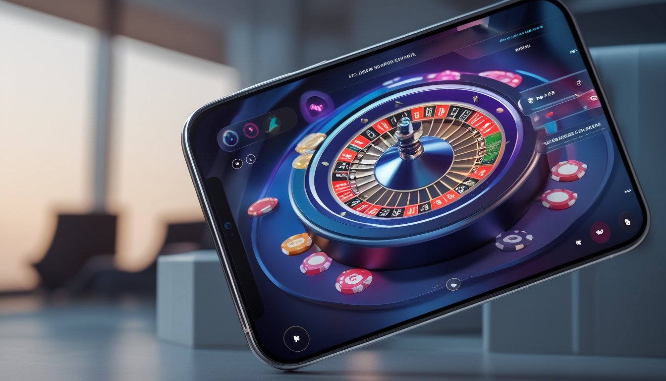 Sebuah perangkat mobile menampilkan permainan roulette cepat dengan roda roulette berputar dan antarmuka taruhan yang jelas.