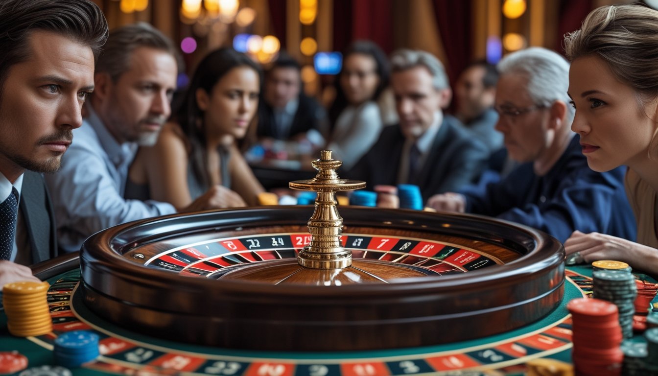 Beberapa pemain sedang fokus bermain speed roulette di meja kasino dengan roda roulette yang berputar cepat dan tumpukan chip taruhan.