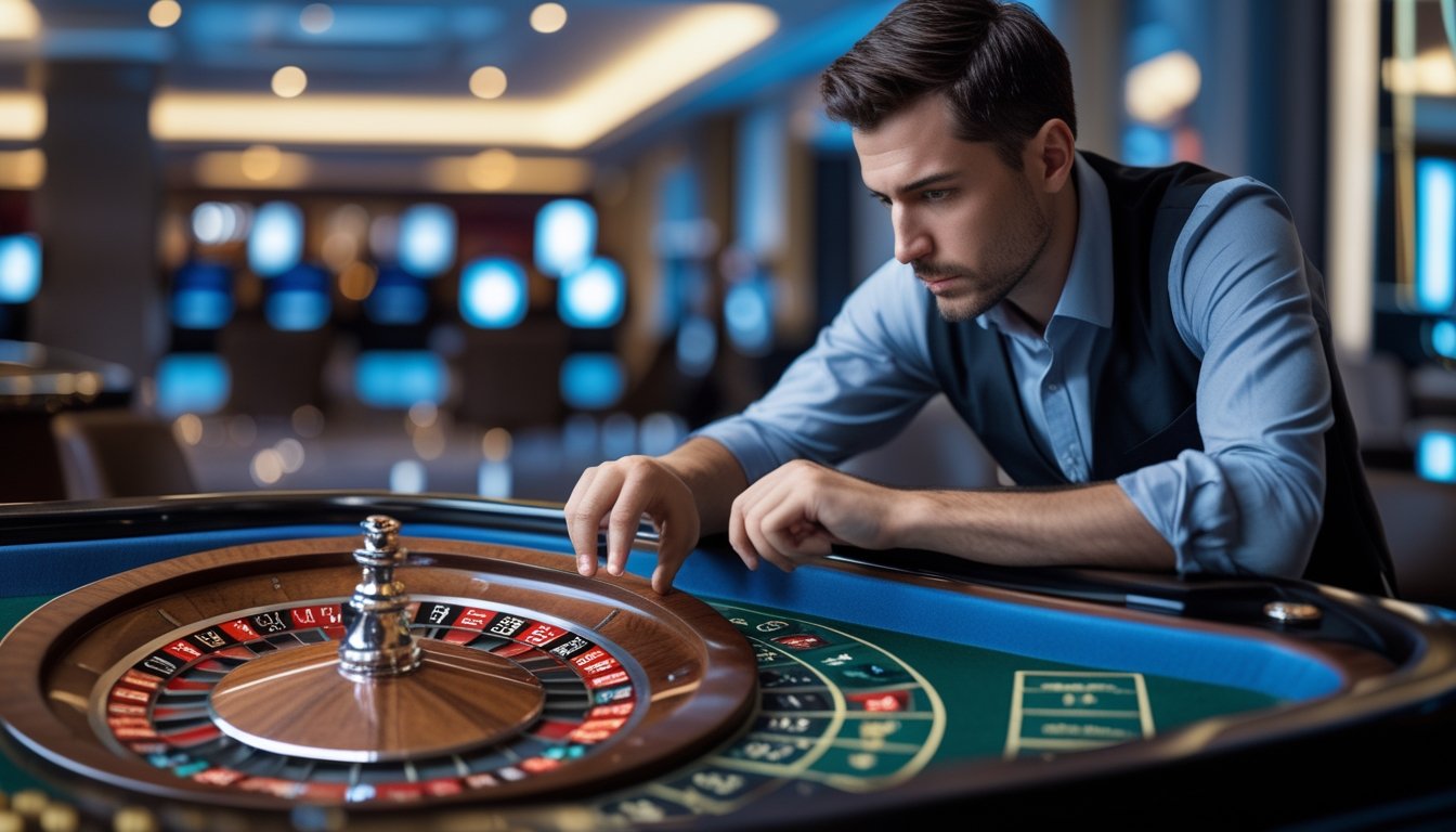 Seorang pemain fokus mengamati meja roulette cepat dengan chip taruhan di kasino.