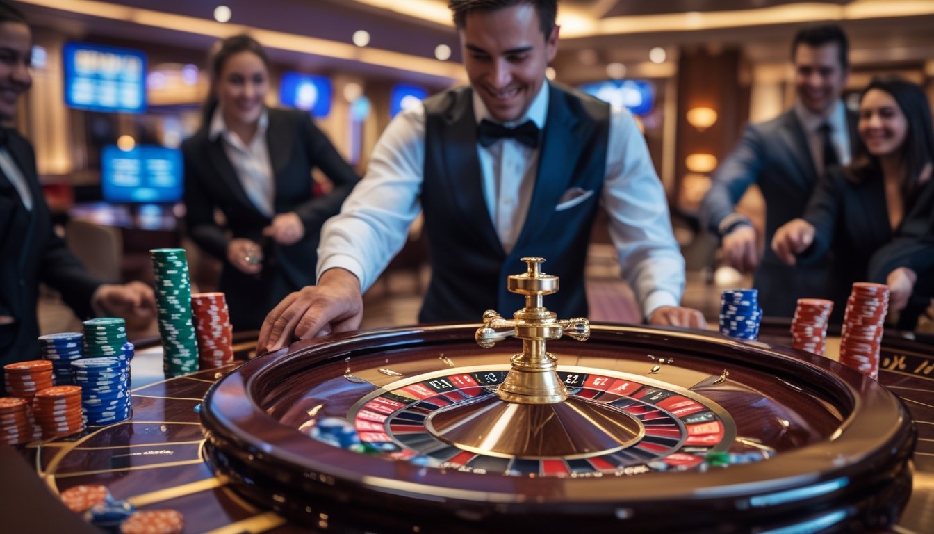 Seorang dealer sedang memutar roda roulette di meja kasino dengan pemain yang antusias memasang chip di sekitarnya.