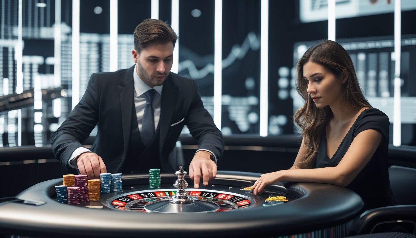 Seorang pria dan wanita duduk di meja speed roulette dengan tumpukan chip, fokus bermain dalam suasana kasino yang terang dan profesional.