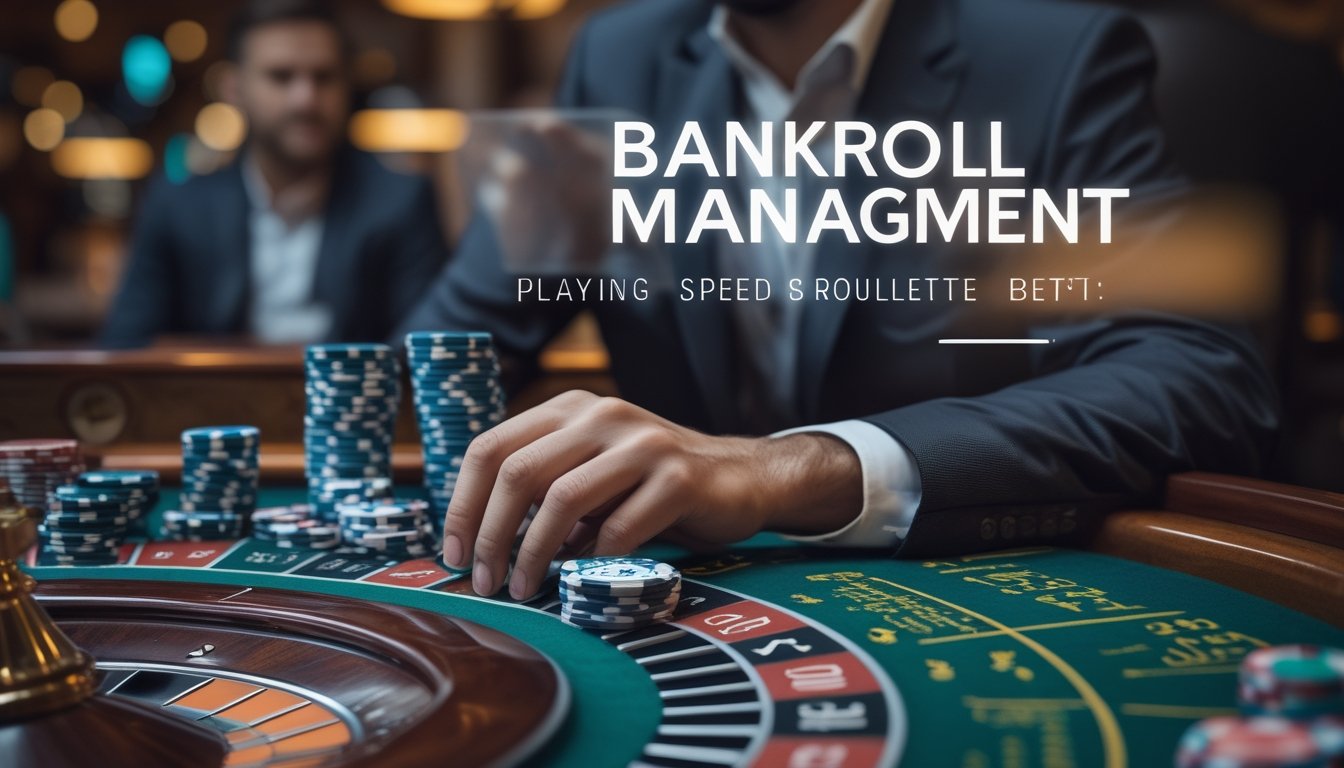 Seorang pemain duduk di meja kasino dengan roda roulette yang berputar cepat, mengelola tumpukan chip dan menggunakan perangkat digital untuk strategi taruhan.