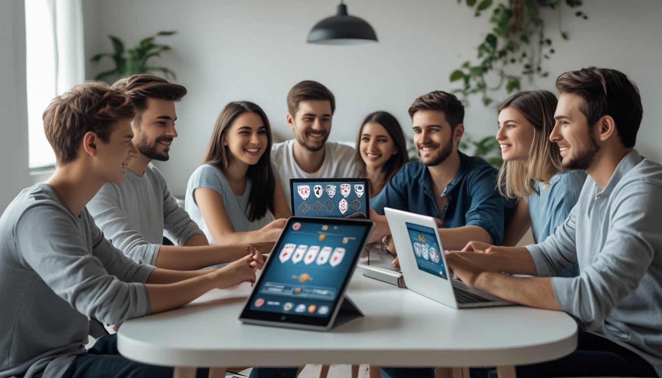Sekelompok orang muda bermain poker online dengan laptop dan tablet di ruang tamu yang nyaman.