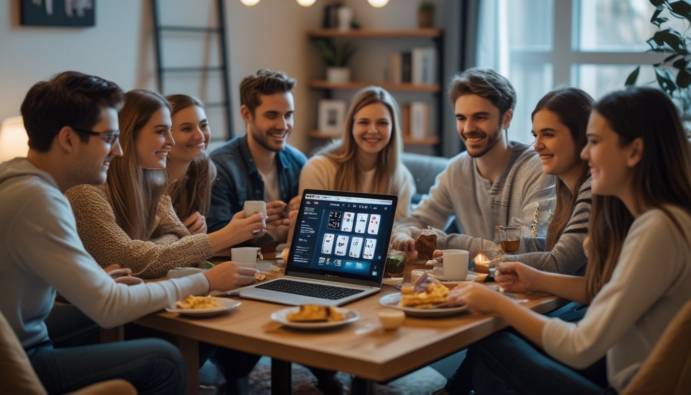 Sekelompok orang muda bermain poker online bersama di ruang tamu yang nyaman dengan laptop di atas meja kopi.