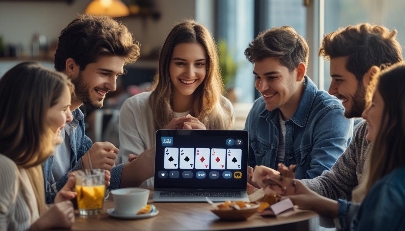 Sekelompok orang muda sedang duduk bersama di meja bermain kartu online dengan laptop di ruangan yang terang dan nyaman.
