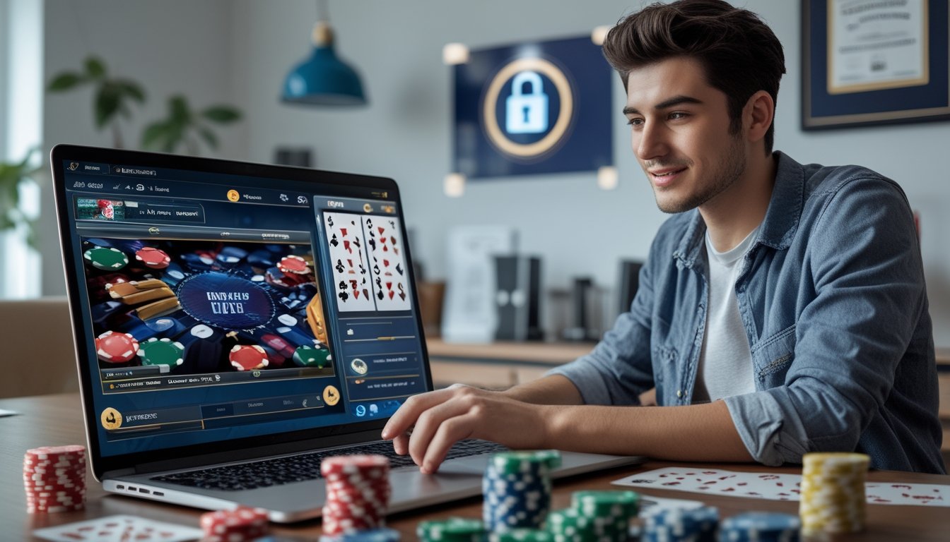 Seorang dewasa muda sedang bermain poker online di laptop di meja kerja yang rapi dengan kartu dan chip poker di sekitarnya.
