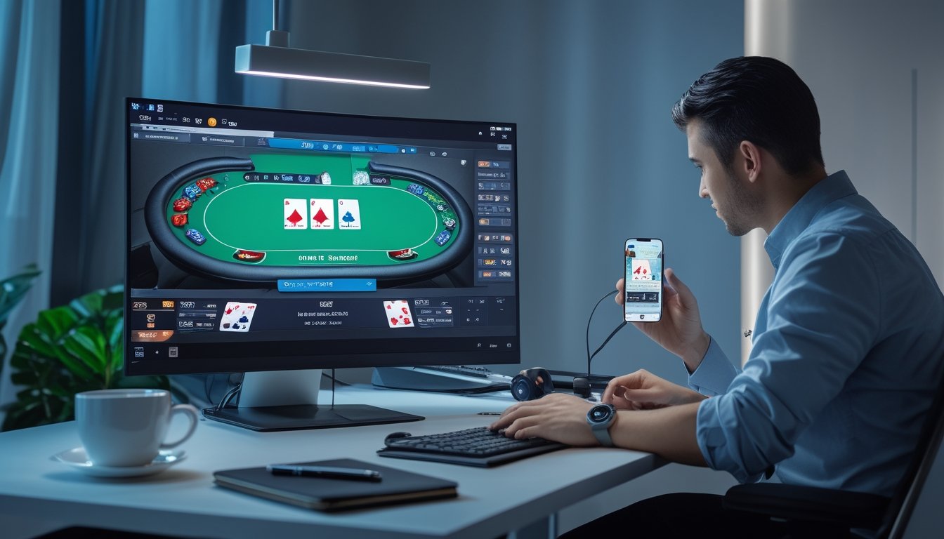 Seseorang duduk di depan komputer dengan meja poker digital di layar, menggunakan laptop dan ponsel di ruangan kerja yang rapi.