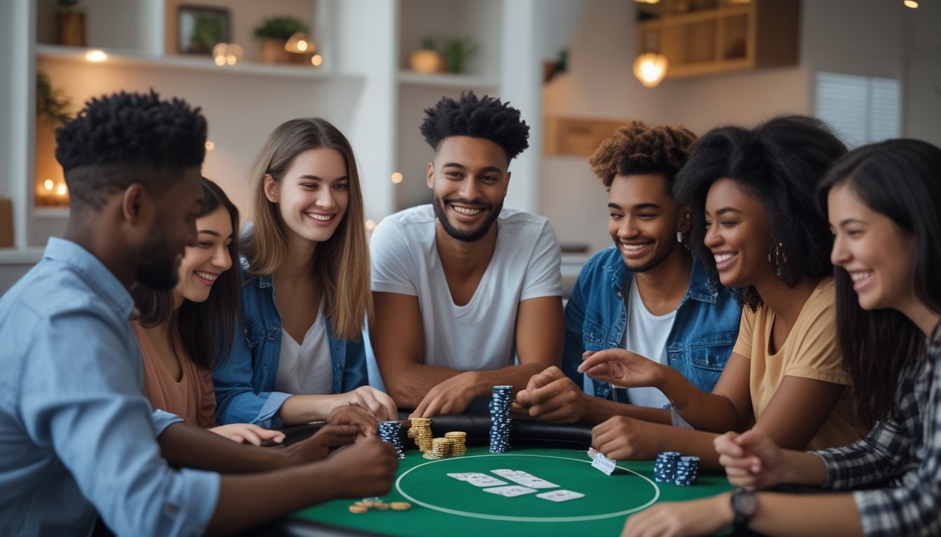 Sekelompok orang muda sedang bermain kartu bersama di meja poker dalam ruangan yang nyaman dan terang.